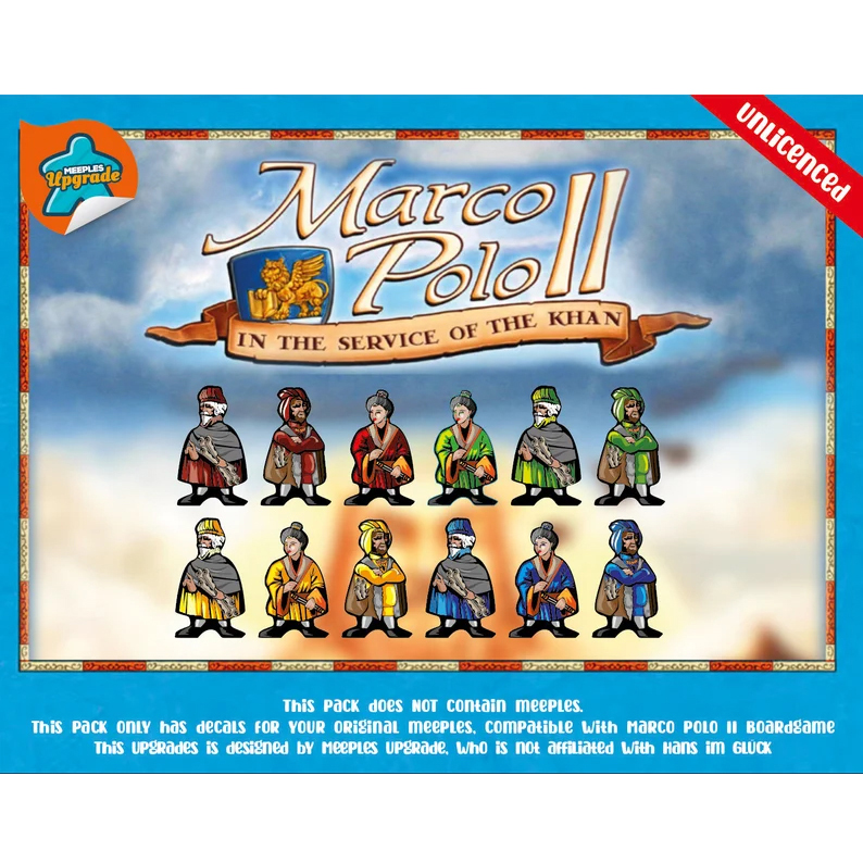 Marco Polo II stickers applied to wooden traveler meeples